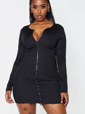 PrettyLittleThing Black Ribbed Long Sleeve Bodycon Dress